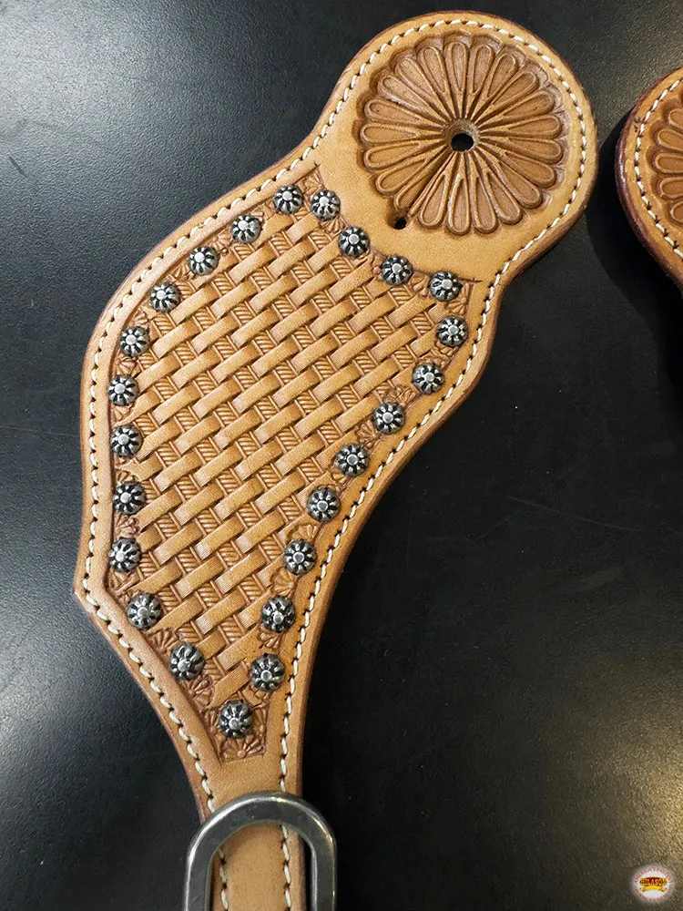 HILASON Western Unisex Spur Strap for Horse Riding Tan Basket Tooled Studds