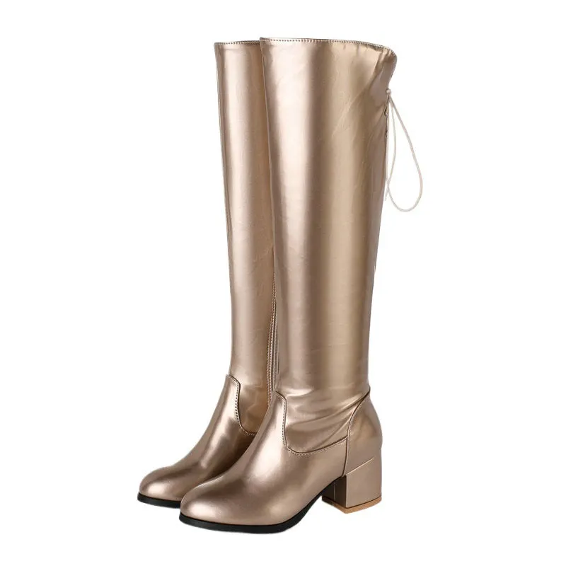 Silver/gold metallic knee high boots with back tie-up