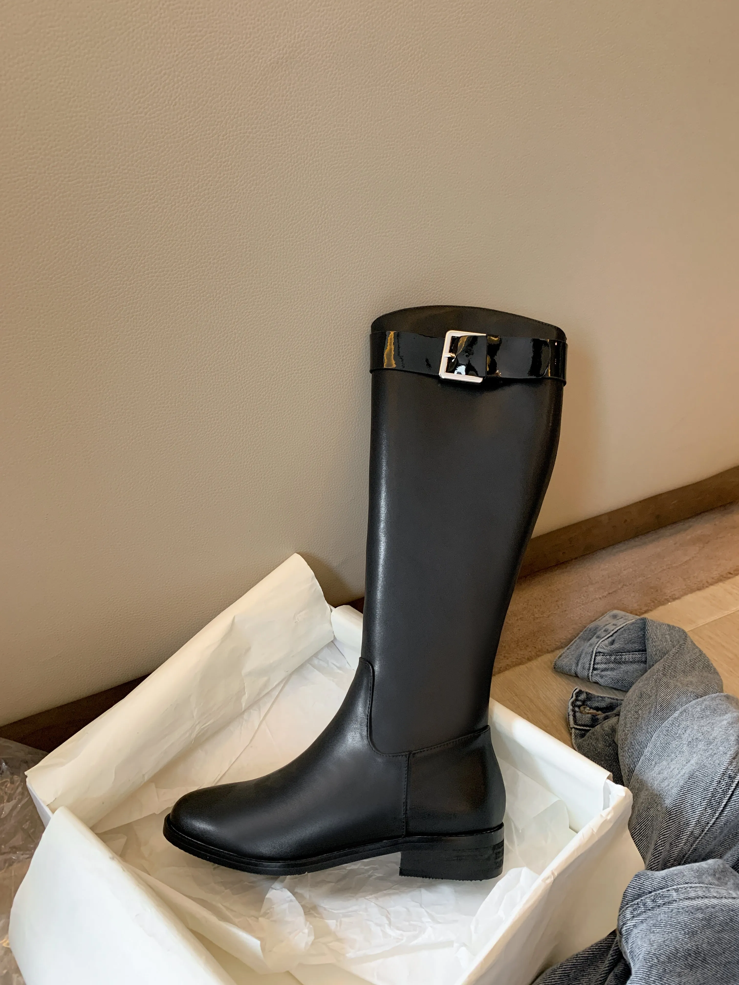 TinaCus Women's Handmade Genuine Leather Round Toe Low Block Heel Side Zip Up Patent Belt Decor Knee High Riding Boots